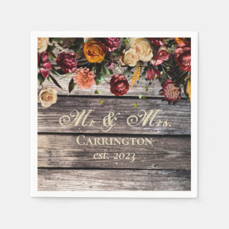 Rustic Wood Floral Mr & Mrs Wedding  Napkin