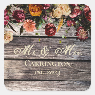 Rustic Wood Floral Mr & Mrs Wedding Square Sticker