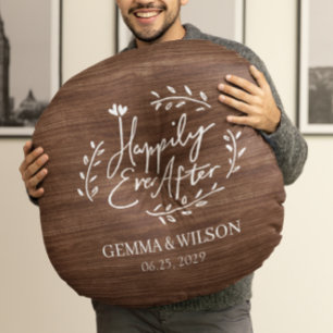 Rustic Wood Floral Personalised Wedding Gift Round Cushion