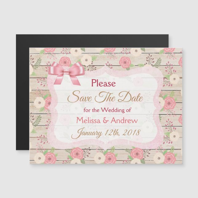 Rustic Wood Floral Pink Save the Date Magnets (Front/Back)