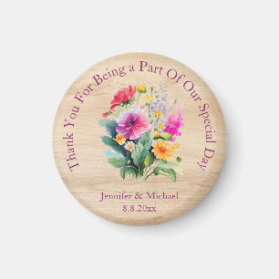 rustic wood floral pink script thank you wedding magnet