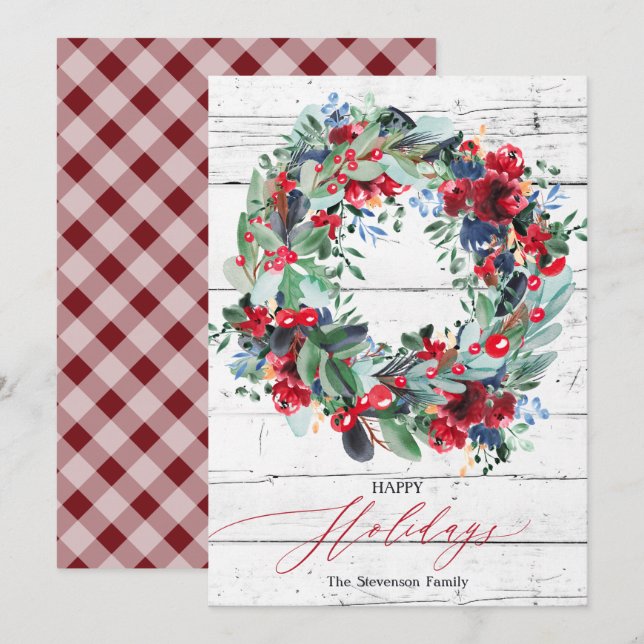 Rustic wood floral red Christmas wreath happy  Holiday Card (Front/Back)