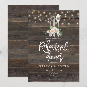 rustic wood floral rehearsal dinner invitation