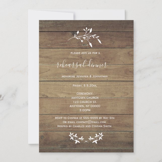 Rustic Wood Floral Rehearsal Dinner Invitations (Front)