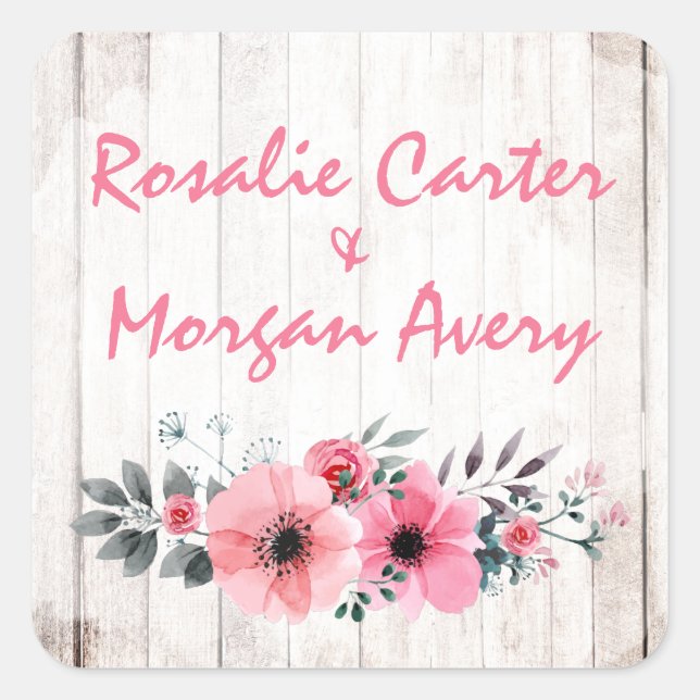 Rustic Wood Floral Rose Country Chic Coral Wedding Square Sticker (Front)