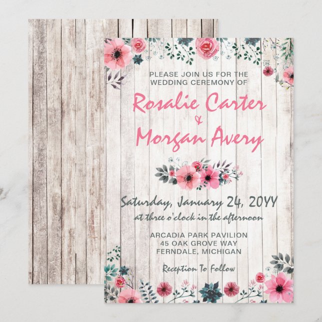 Rustic Wood Floral Rose Country Wedding Invitation (Front/Back)