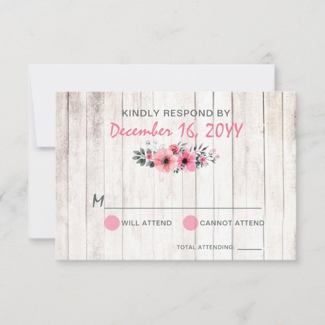Rustic Wood Floral Rose Country Wedding RSVP Card (Front)