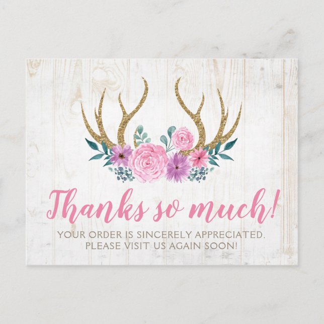 Rustic Wood & Floral Roses Antlers Thank You Card (Front)