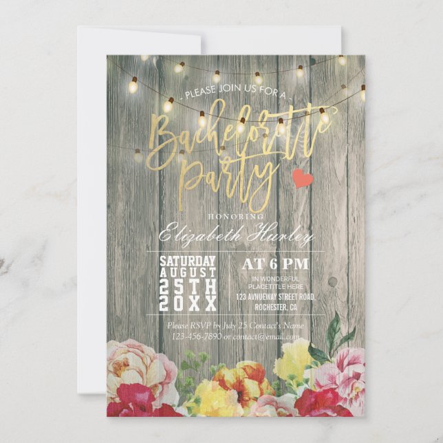 Rustic Wood Floral String Light Bachelorette Party Invitation (Front)