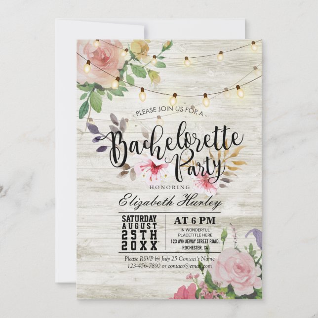 Rustic Wood Floral String Light Bachelorette Party Invitation (Front)