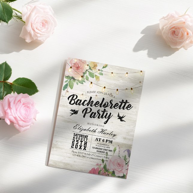 Rustic Wood Floral String Light Bachelorette Party Invitation (Creator Uploaded)