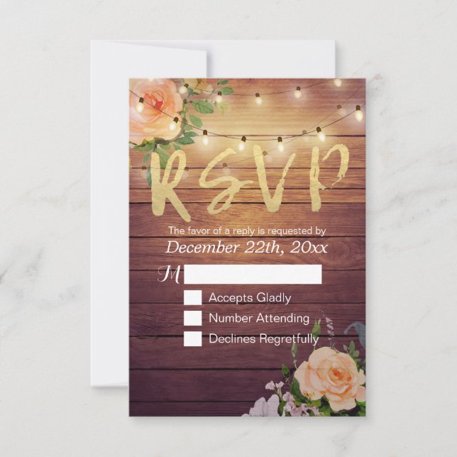 Rustic Wood Floral String Light Wedding RSVP Reply (Front)