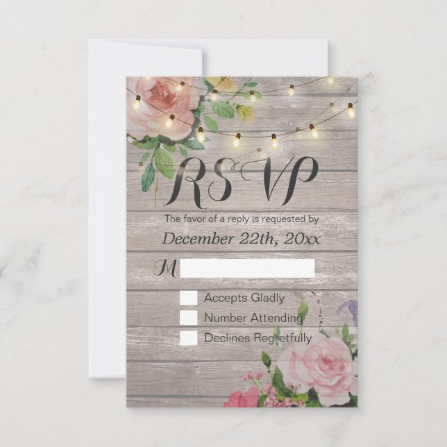 Rustic Wood Floral String Light Wedding RSVP Reply (Front)