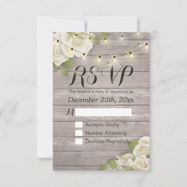 Rustic Wood Floral String Light Wedding RSVP Reply (Front)