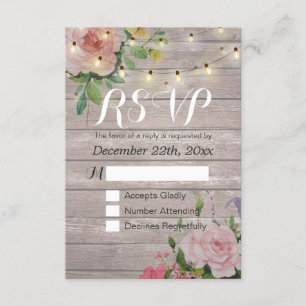 Rustic Wood Floral String Light Wedding RSVP Reply