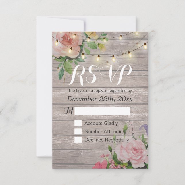 Rustic Wood Floral String Light Wedding RSVP Reply (Front)
