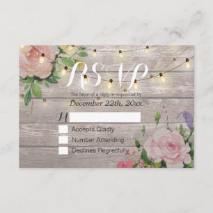 Rustic Wood Floral String Light Wedding RSVP Reply Card