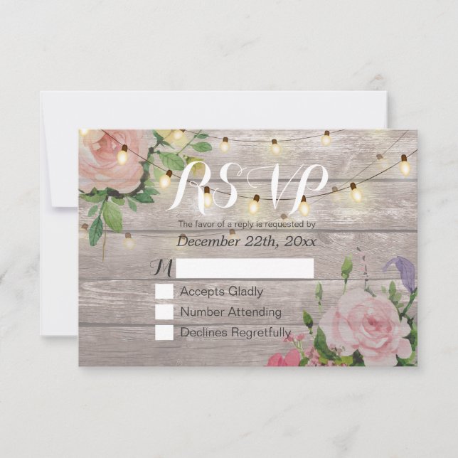 Rustic Wood Floral String Light Wedding RSVP Reply Card (Front)
