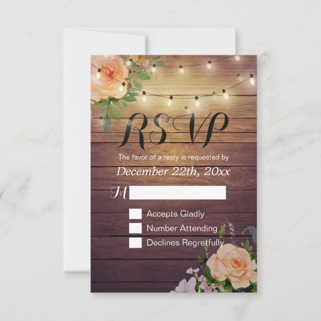 Rustic Wood Floral String Light Wedding RSVP Reply Card (Front)