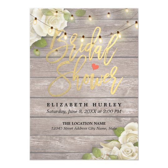 Rustic Wood Floral String Lights Bridal Shower Card