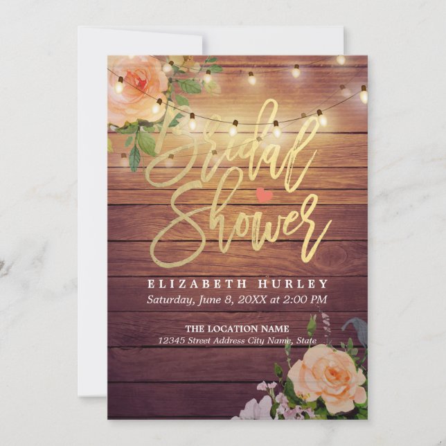 Rustic Wood Floral String Lights Bridal Shower Invitation (Front)