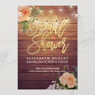 Rustic Wood Floral String Lights Bridal Shower Invitation
