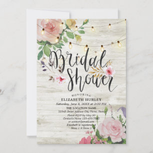 Rustic Wood Floral String Lights Bridal Shower Invitation