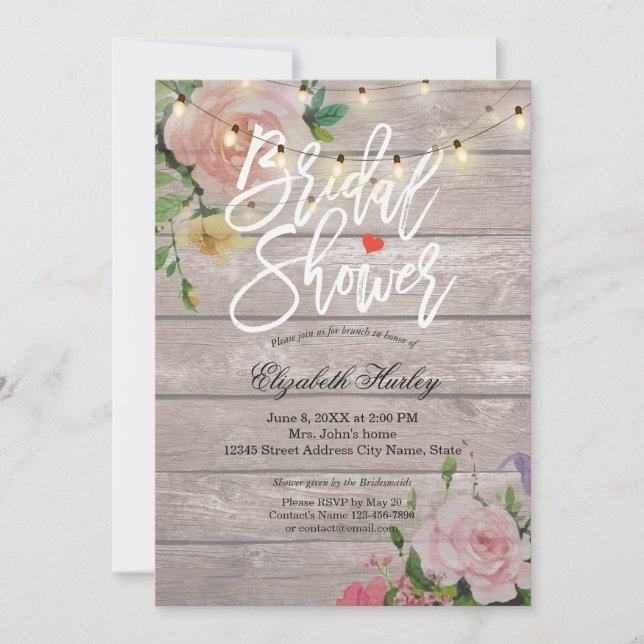 Rustic Wood Floral String Lights Bridal Shower Invitation (Front)