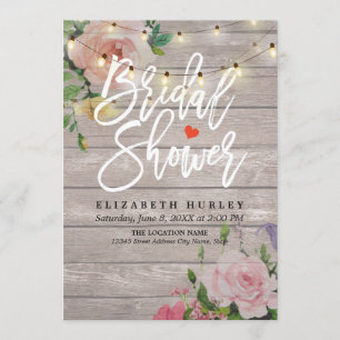 Rustic Wood Floral String Lights Bridal Shower Invitation