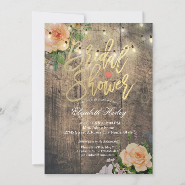 Rustic Wood Floral String Lights Bridal Shower Invitation (Front)