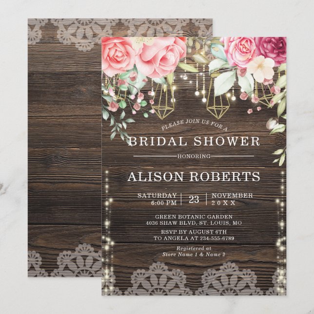 Rustic Wood Floral String lights Bridal Shower Invitation (Front/Back)