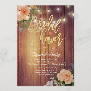 Rustic Wood Floral String Lights Bridal Shower Invitation
