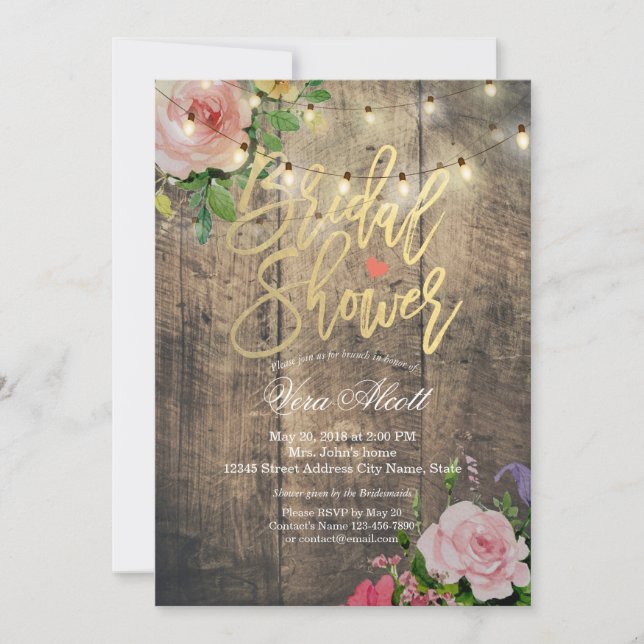 Rustic Wood Floral String Lights Bridal Shower Invitation (Front)