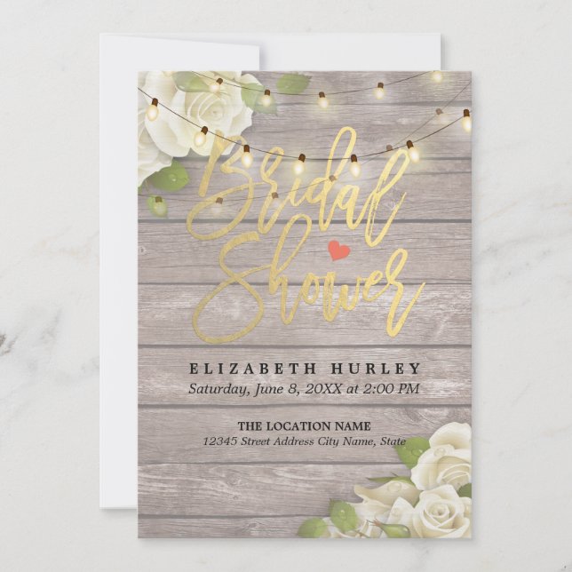 Rustic Wood Floral String Lights Bridal Shower Invitation (Front)