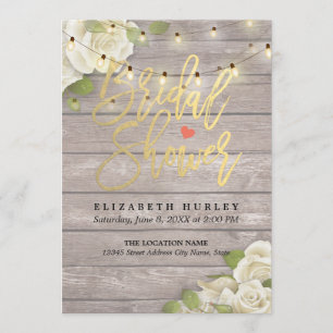 Rustic Wood Floral String Lights Bridal Shower Invitation