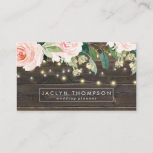rustic wood floral string lights business card