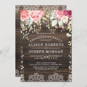 Rustic Wood Floral String lights Engagement Invitation