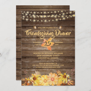 Rustic Wood Floral String Lights Friendsgiving Invitation