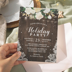 Rustic Wood Floral String Lights Holiday Party Invitation