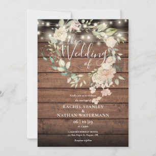 Rustic Wood Floral String Lights Monogram Wedding Invitation