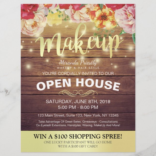 Rustic Wood Floral String Lights Salon Open House Flyer (Front)