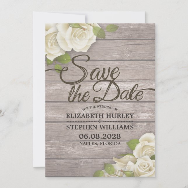 Rustic Wood Floral String Lights Save The Date (Front)