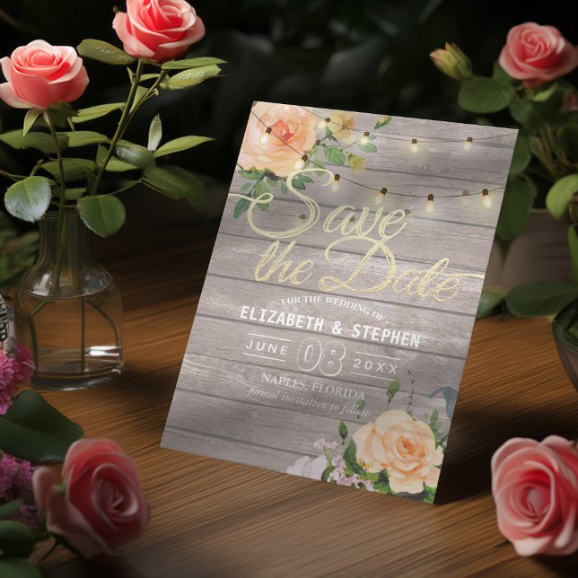 Rustic Wood Floral String Lights Save The Date (Creator Uploaded)