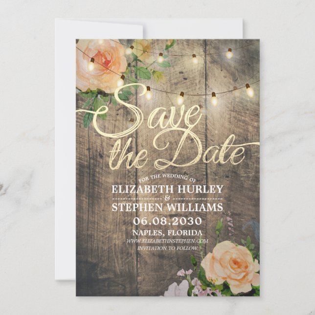 Rustic Wood Floral String Lights Save The Date (Front)