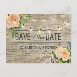 Rustic Wood Floral String Lights Save The Date Ann Announcement Postcard