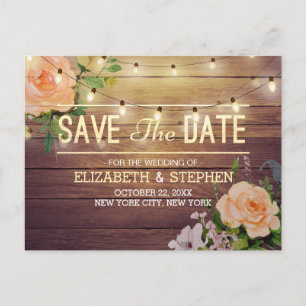 Rustic Wood Floral String Lights Save The Date Announcement Postcard