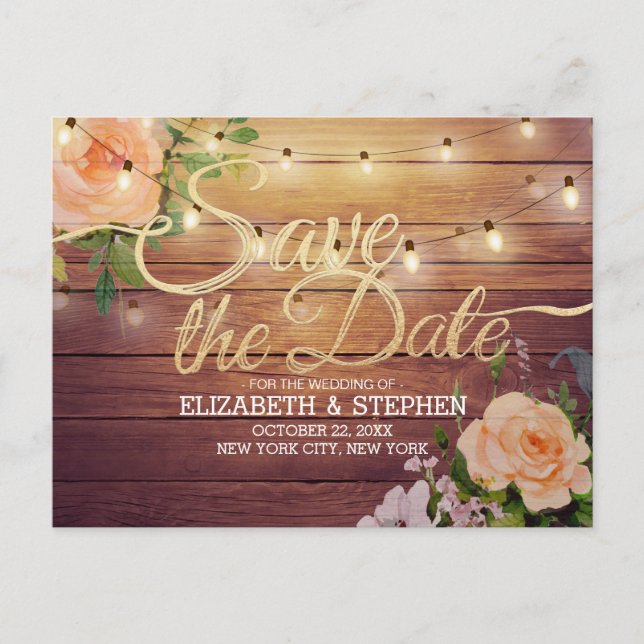 Rustic Wood Floral String Lights Save The Date Announcement Postcard (Front)