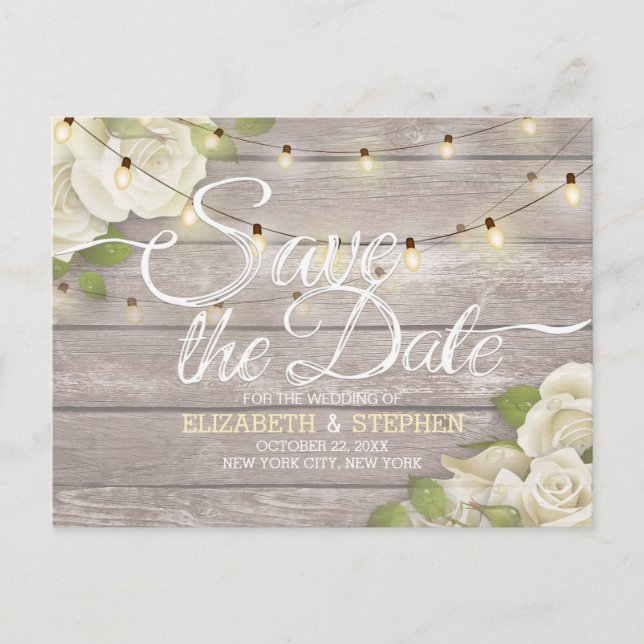 Rustic Wood Floral String Lights Save The Date Announcement Postcard (Front)
