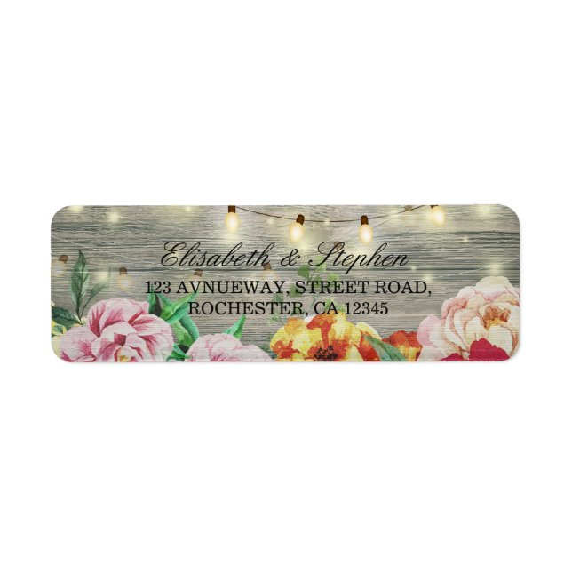 Rustic Wood Floral String Lights Wedding Address (Front)
