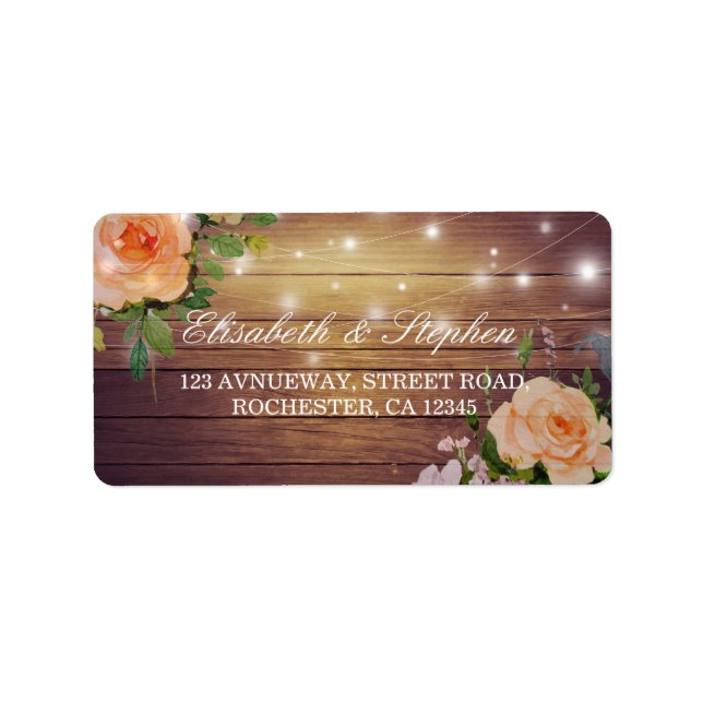 Rustic Wood Floral String Lights Wedding Address Label (Front)